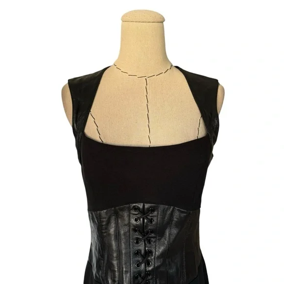 BEBE Y2K Black Leather Corset Dress Sz 10 Sexy Retro Milkmaid Goth - Picture 4 of 15